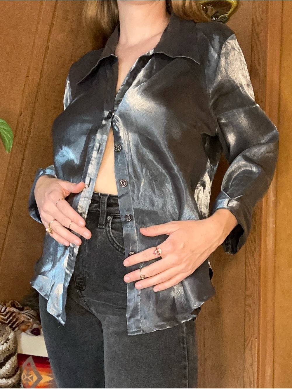 Vintage 80s/90s Satin Blue Diamond Metallic Charcoal Button-Up Blouse